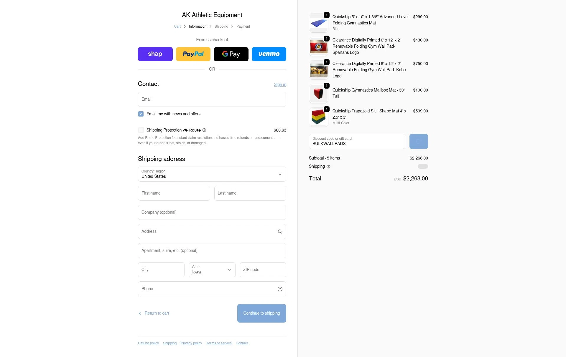 AK Athletic Equipment checkout page showing AK Athletic Equipment coupon code box | Screenshot taken by SimplyCodes community member on Feb 8, 2026