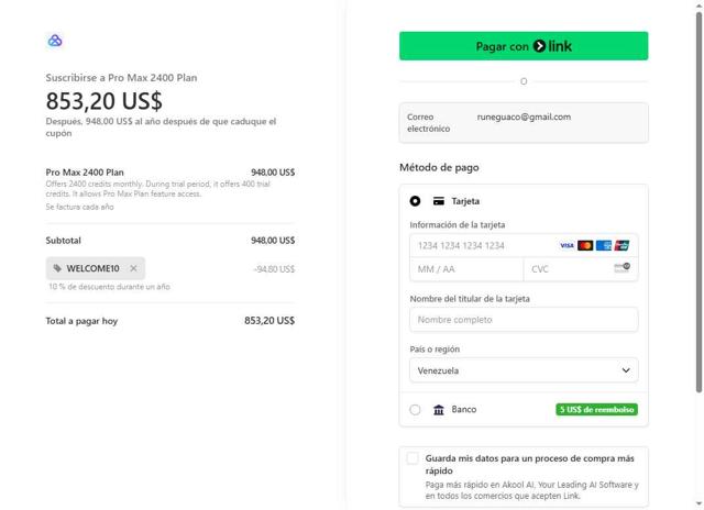 Akool checkout page showing Akool coupon code box | Screenshot taken by SimplyCodes community member on Jul 25, 2025