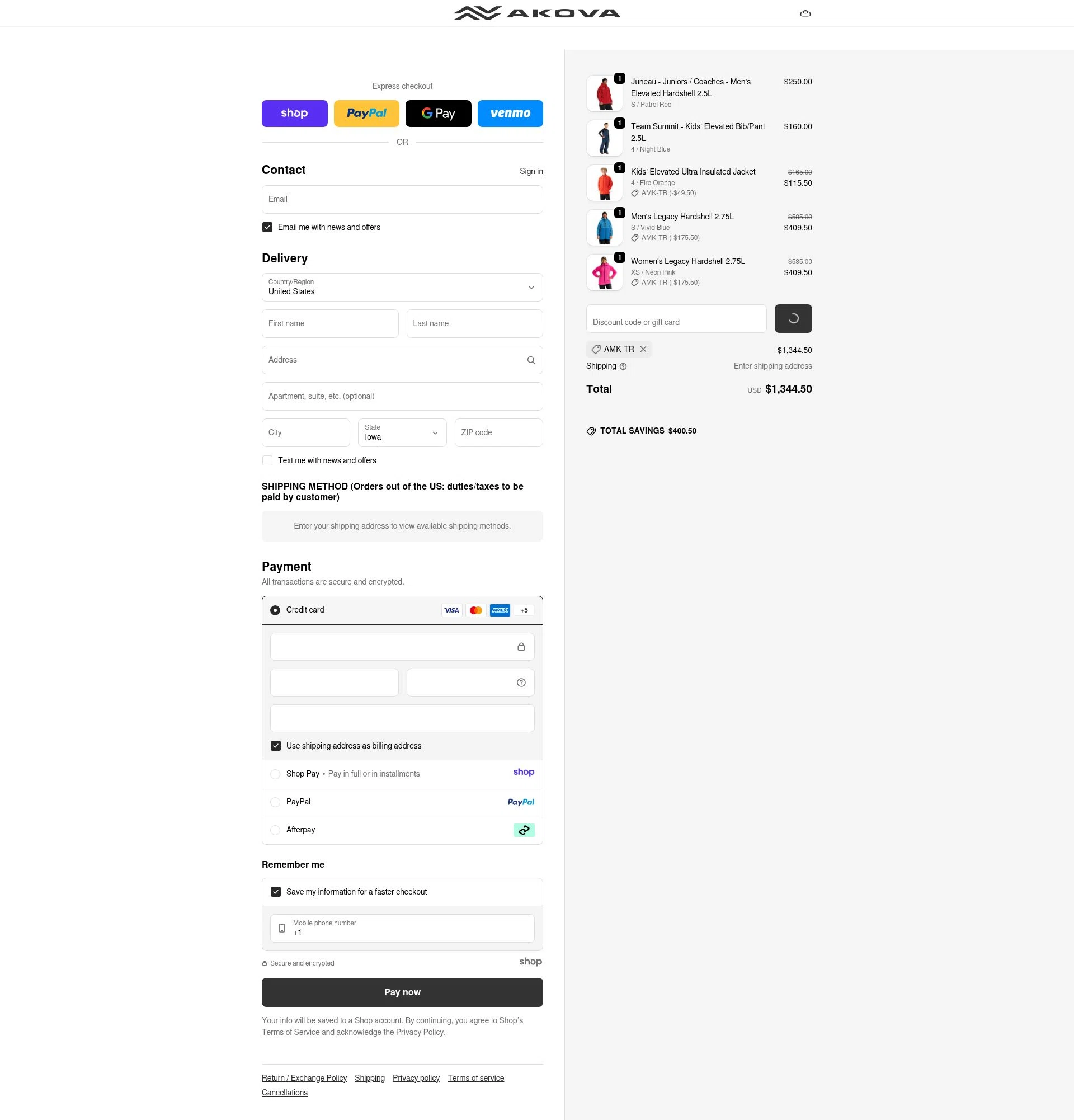 AKOVA Gear checkout page showing AKOVA Gear promo code box | Screenshot taken by SimplyCodes community member on Dec 28, 2025