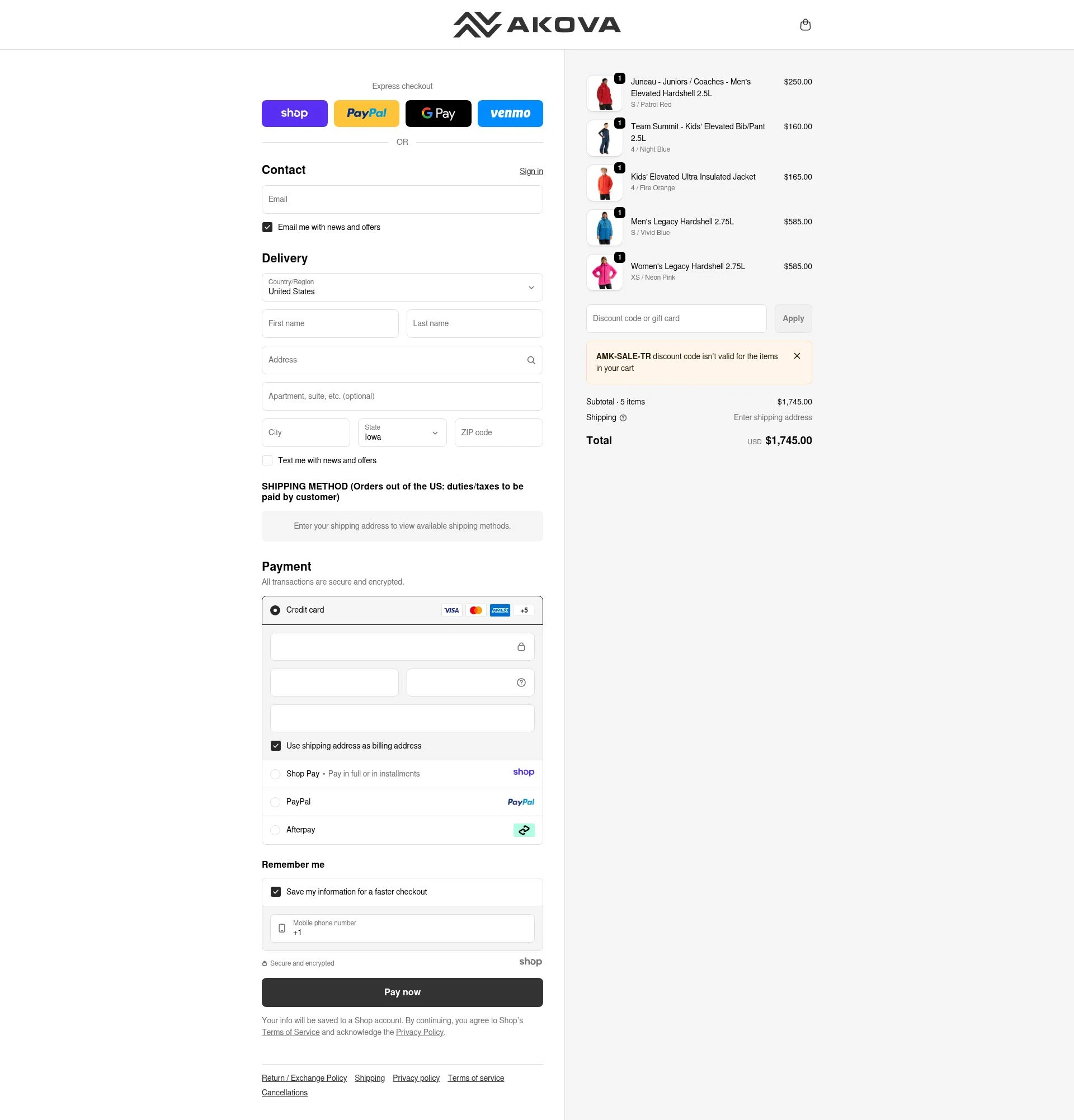AKOVA Gear checkout page showing AKOVA Gear promo code box | Screenshot taken by SimplyCodes community member on Dec 28, 2025