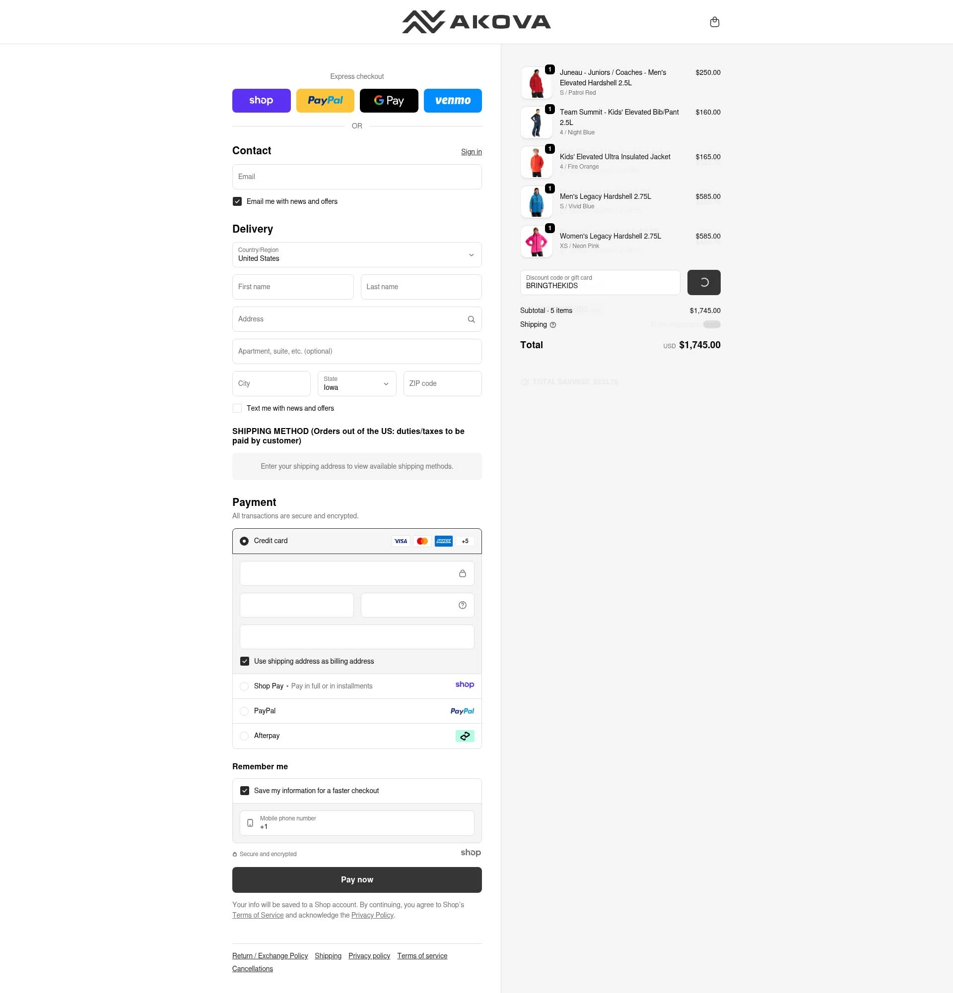 AKOVA Gear checkout page showing AKOVA Gear promo code box | Screenshot taken by SimplyCodes community member on Dec 28, 2025
