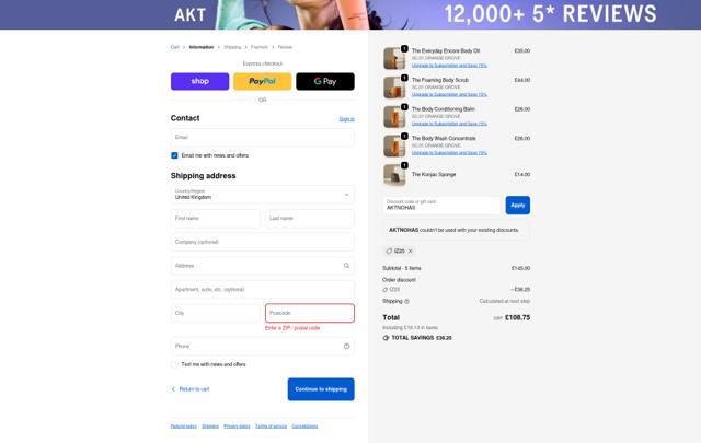 Akt London checkout page showing Akt London discount code box | Screenshot taken by SimplyCodes community member on Sep 24, 2025