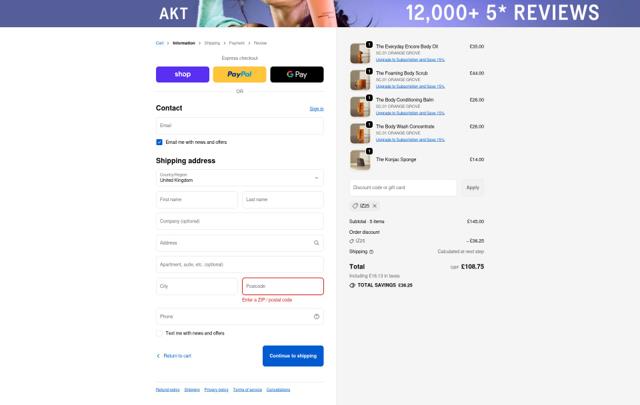Akt London checkout page showing Akt London discount code box | Screenshot taken by SimplyCodes community member on Sep 24, 2025