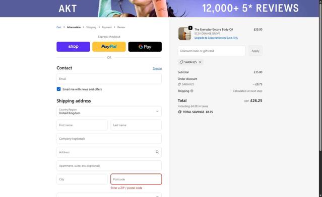 Akt London checkout page showing Akt London discount code box | Screenshot taken by SimplyCodes community member on Sep 24, 2025