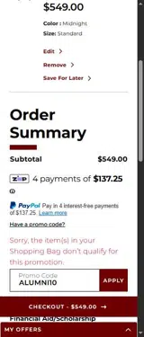 ALUMNI10 coupon verification screenshot