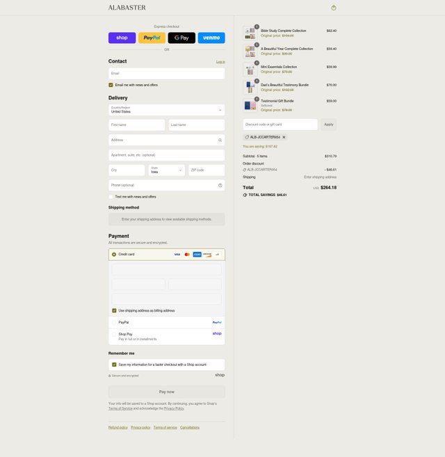 Alabaster Co. checkout page showing Alabaster Co. discount code box | Screenshot taken by SimplyCodes community member on Sep 4, 2025