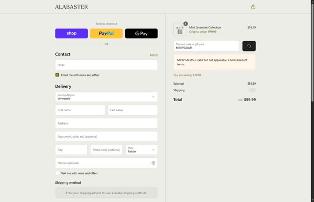 Alabaster Co. checkout page showing Alabaster Co. discount code box | Screenshot taken by SimplyCodes community member on Sep 6, 2025