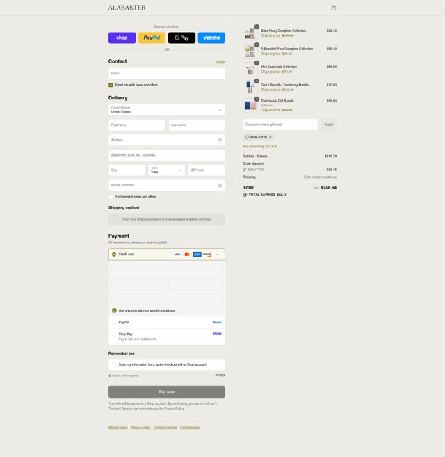 Alabaster Co. checkout page showing Alabaster Co. discount code box | Screenshot taken by SimplyCodes community member on Sep 4, 2025