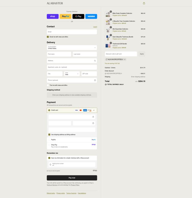 Alabaster Co. checkout page showing Alabaster Co. discount code box | Screenshot taken by SimplyCodes community member on Sep 4, 2025