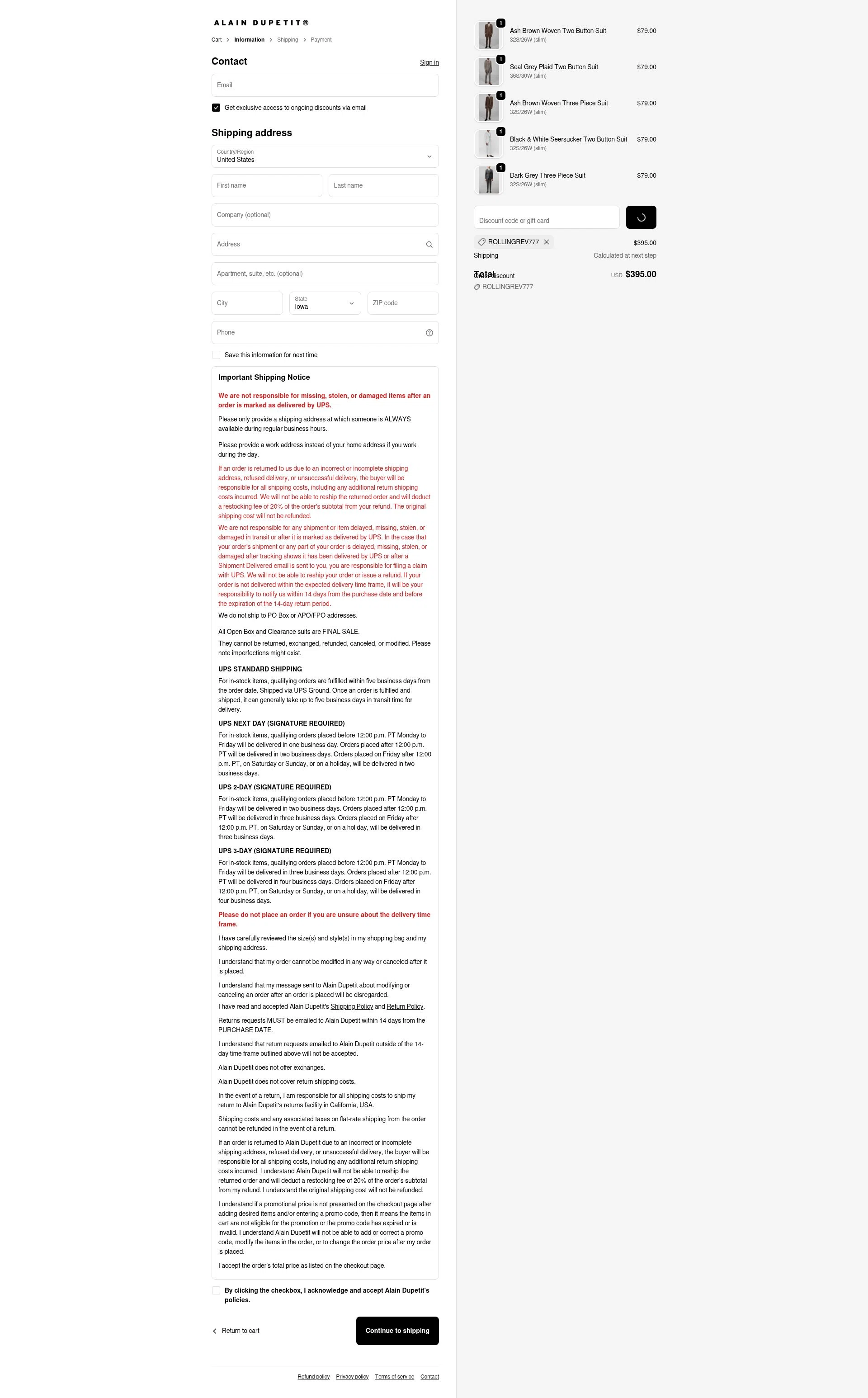 Alain Dupetit checkout page showing Alain Dupetit discount code box | Screenshot taken by SimplyCodes community member on Feb 19, 2026