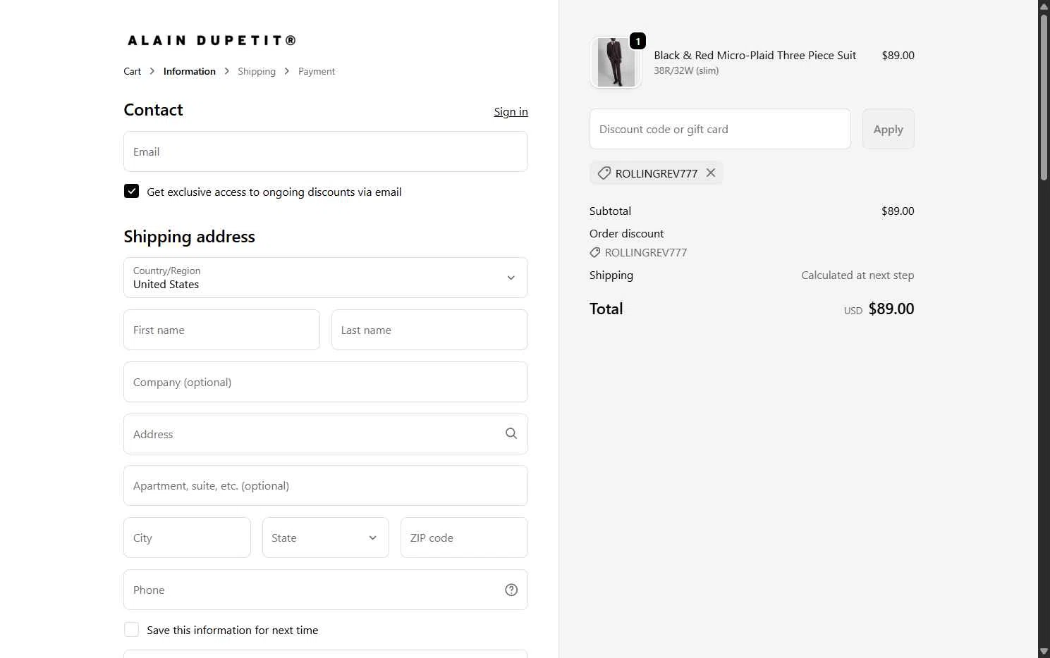 Alain Dupetit checkout page showing Alain Dupetit discount code box | Screenshot taken by SimplyCodes community member on Feb 17, 2026