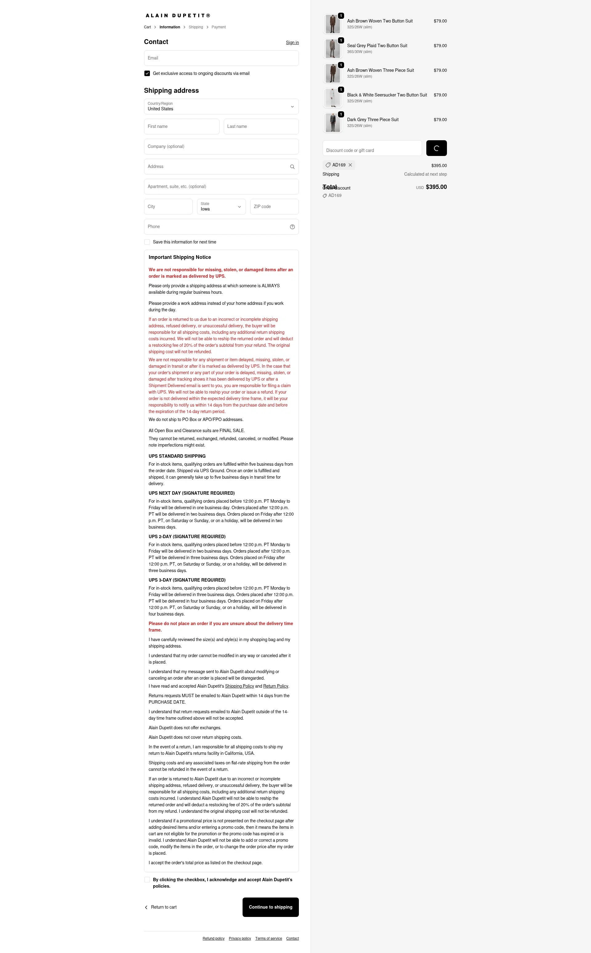 Alain Dupetit checkout page showing Alain Dupetit discount code box | Screenshot taken by SimplyCodes community member on Feb 18, 2026