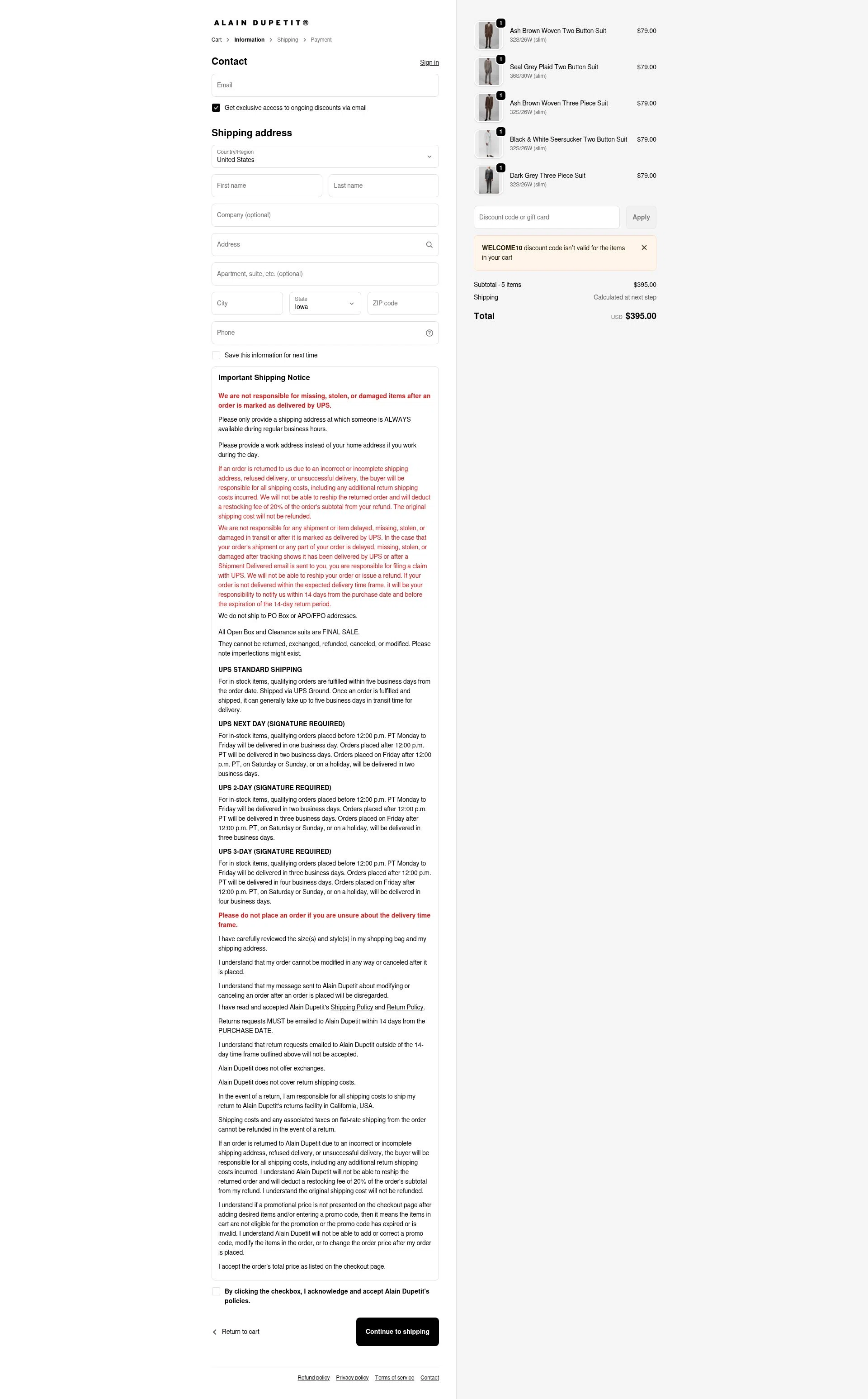 Alain Dupetit checkout page showing Alain Dupetit discount code box | Screenshot taken by SimplyCodes community member on Feb 18, 2026