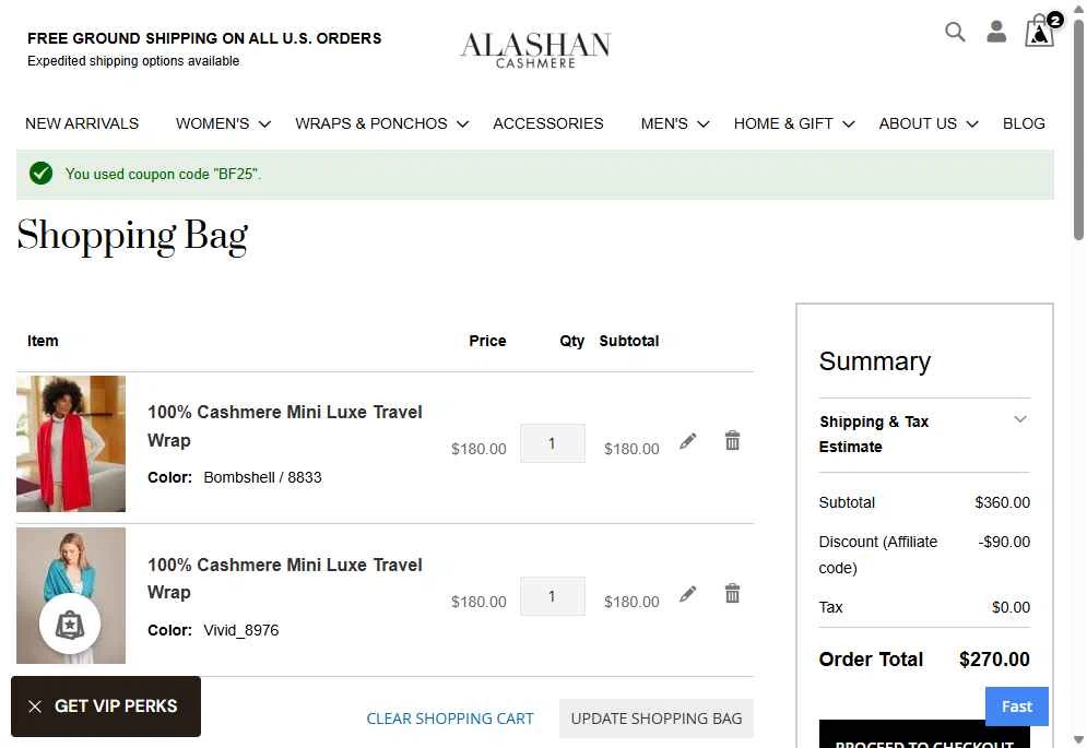 Alashan Cashmere checkout page showing Alashan Cashmere discount code box | Screenshot taken by SimplyCodes community member on Sep 13, 2025