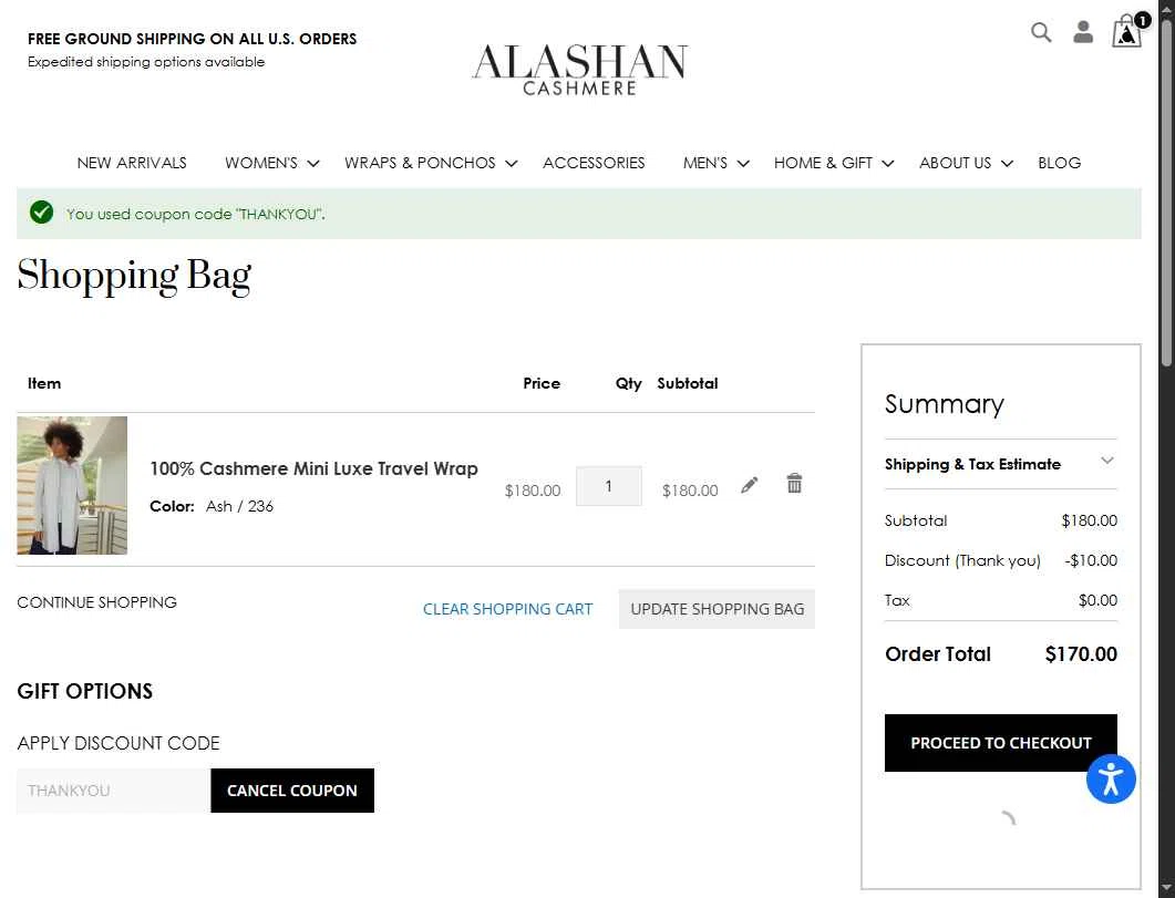 Alashan Cashmere checkout page showing Alashan Cashmere discount code box | Screenshot taken by SimplyCodes community member on Oct 27, 2025