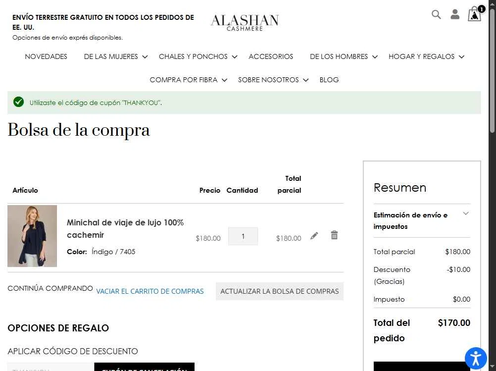 Alashan Cashmere checkout page showing Alashan Cashmere discount code box | Screenshot taken by SimplyCodes community member on Nov 13, 2025