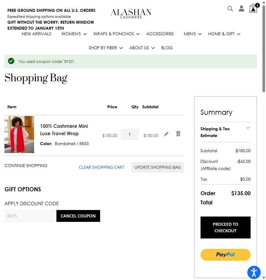 Alashan Cashmere checkout page showing Alashan Cashmere discount code box | Screenshot taken by SimplyCodes community member on Dec 9, 2025