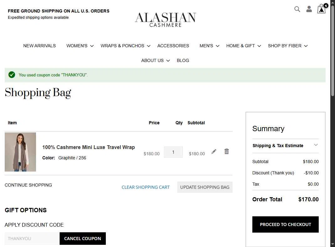 Alashan Cashmere checkout page showing Alashan Cashmere discount code box | Screenshot taken by SimplyCodes community member on Nov 13, 2025