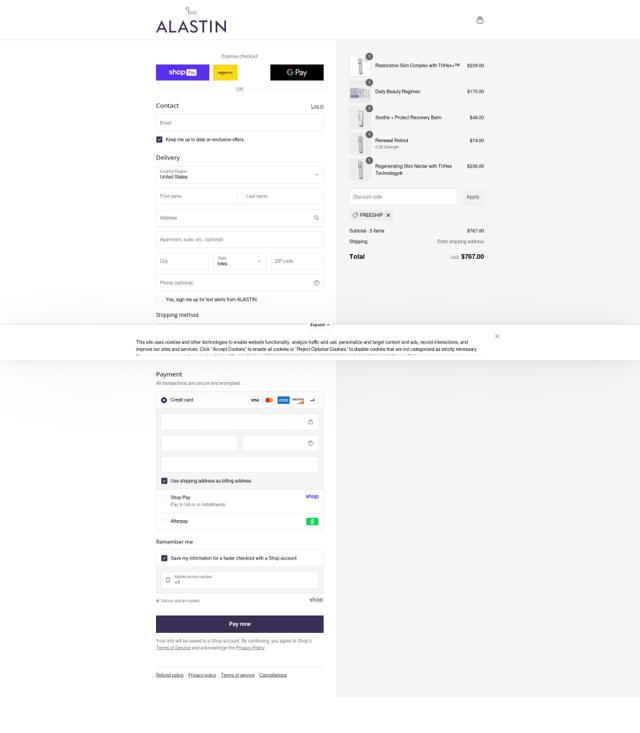 Alastin checkout page showing Alastin discount code box | Screenshot taken by SimplyCodes community member on Aug 28, 2025