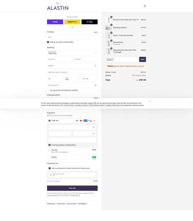 Alastin checkout page showing Alastin discount code box | Screenshot taken by SimplyCodes community member on Sep 1, 2025