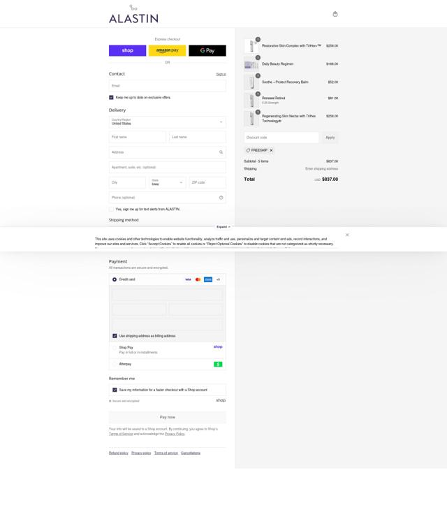 Alastin checkout page showing Alastin discount code box | Screenshot taken by SimplyCodes community member on Sep 13, 2025