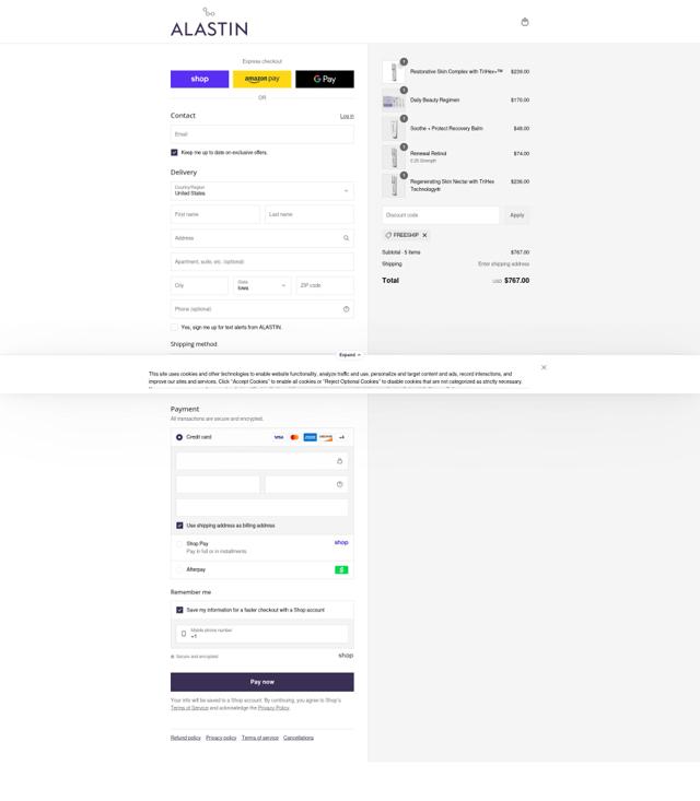 Alastin checkout page showing Alastin discount code box | Screenshot taken by SimplyCodes community member on Sep 1, 2025