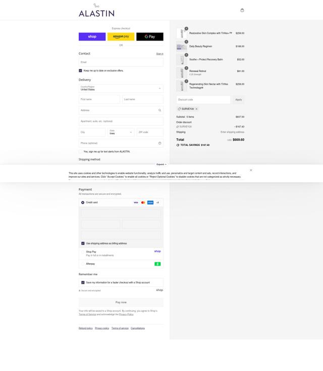 Alastin checkout page showing Alastin discount code box | Screenshot taken by SimplyCodes community member on Sep 13, 2025