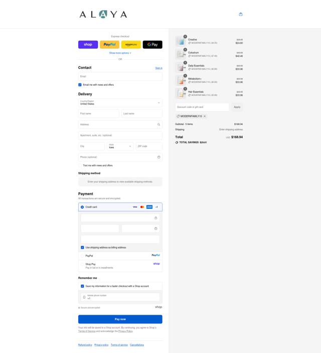 Alaya Naturals checkout page showing Alaya Naturals discount code box | Screenshot taken by SimplyCodes community member on Sep 13, 2025