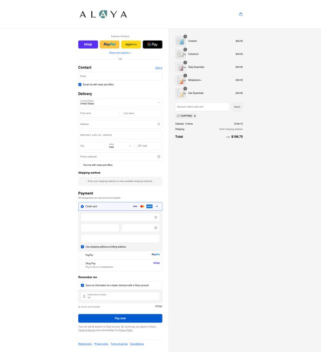 Alaya Naturals checkout page showing Alaya Naturals discount code box | Screenshot taken by SimplyCodes community member on Sep 13, 2025