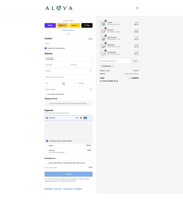 Alaya Naturals checkout page showing Alaya Naturals discount code box | Screenshot taken by SimplyCodes community member on Sep 13, 2025
