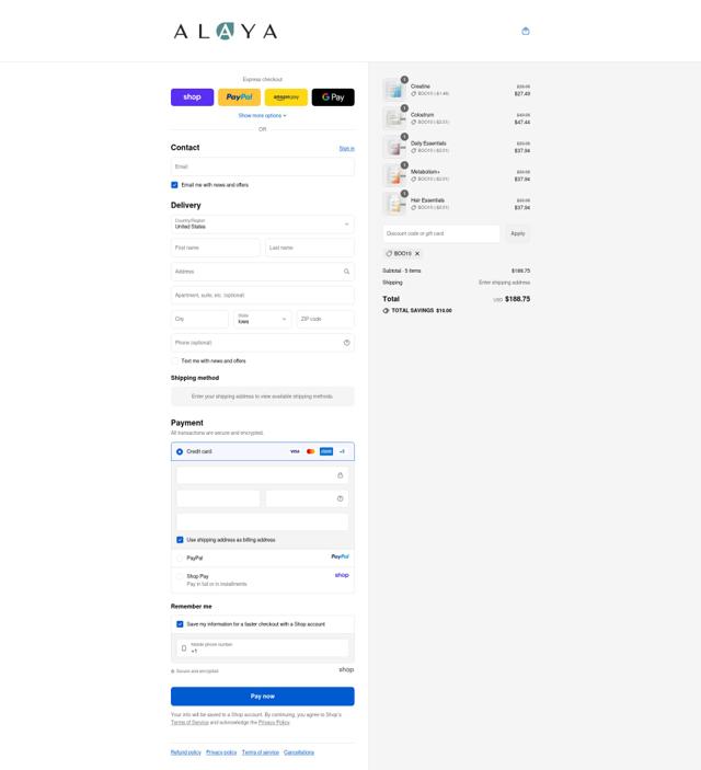Alaya Naturals checkout page showing Alaya Naturals discount code box | Screenshot taken by SimplyCodes community member on Sep 13, 2025