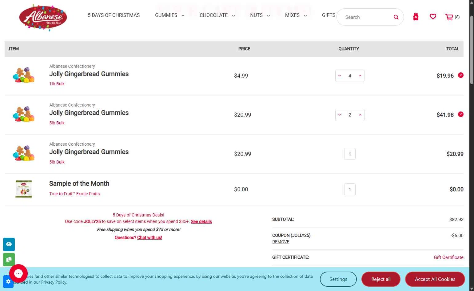 Albanese Candy checkout page showing Albanese Candy coupon code box | Screenshot taken by SimplyCodes community member on Dec 2, 2025
