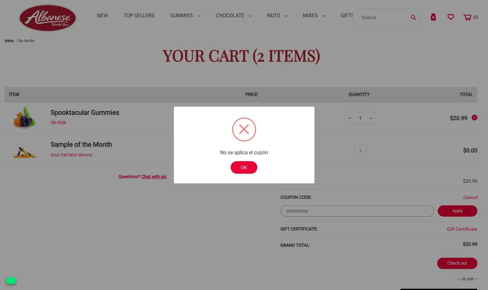Albanese Candy checkout page showing Albanese Candy coupon code box | Screenshot taken by SimplyCodes community member on Oct 3, 2025