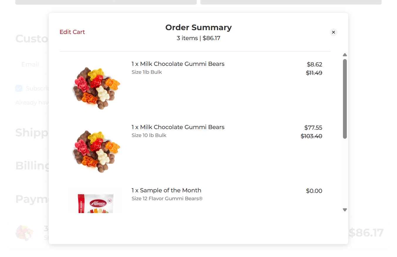 Albanese Candy checkout page showing Albanese Candy coupon code box | Screenshot taken by SimplyCodes community member on Nov 28, 2025