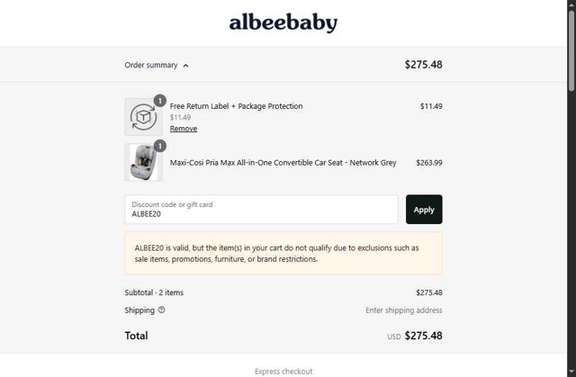 Albee Baby checkout page showing Albee Baby discount code box | Screenshot taken by SimplyCodes community member on Aug 20, 2025