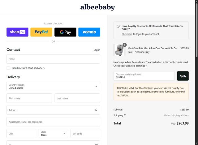 Albee Baby checkout page showing Albee Baby discount code box | Screenshot taken by SimplyCodes community member on Aug 9, 2025