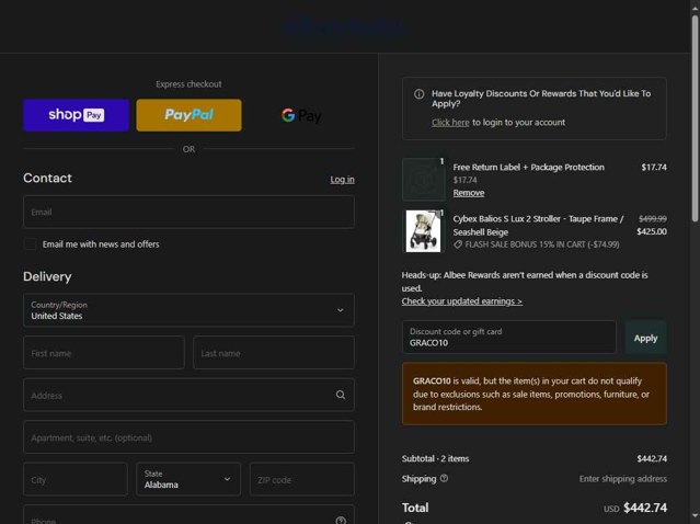 Albee Baby checkout page showing Albee Baby discount code box | Screenshot taken by SimplyCodes community member on Aug 23, 2025