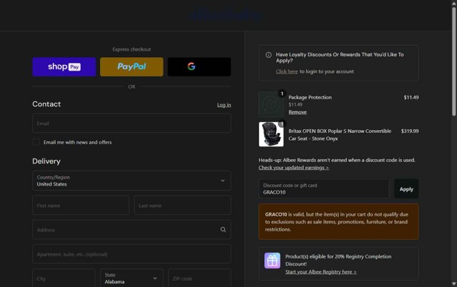 Albee Baby checkout page showing Albee Baby discount code box | Screenshot taken by SimplyCodes community member on Aug 12, 2025