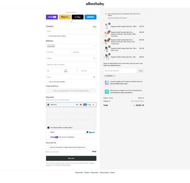 Albee Baby checkout page showing Albee Baby discount code box | Screenshot taken by SimplyCodes community member on Aug 7, 2025