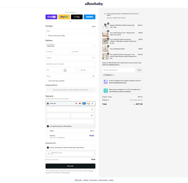 Albee Baby checkout page showing Albee Baby discount code box | Screenshot taken by SimplyCodes community member on Aug 14, 2025