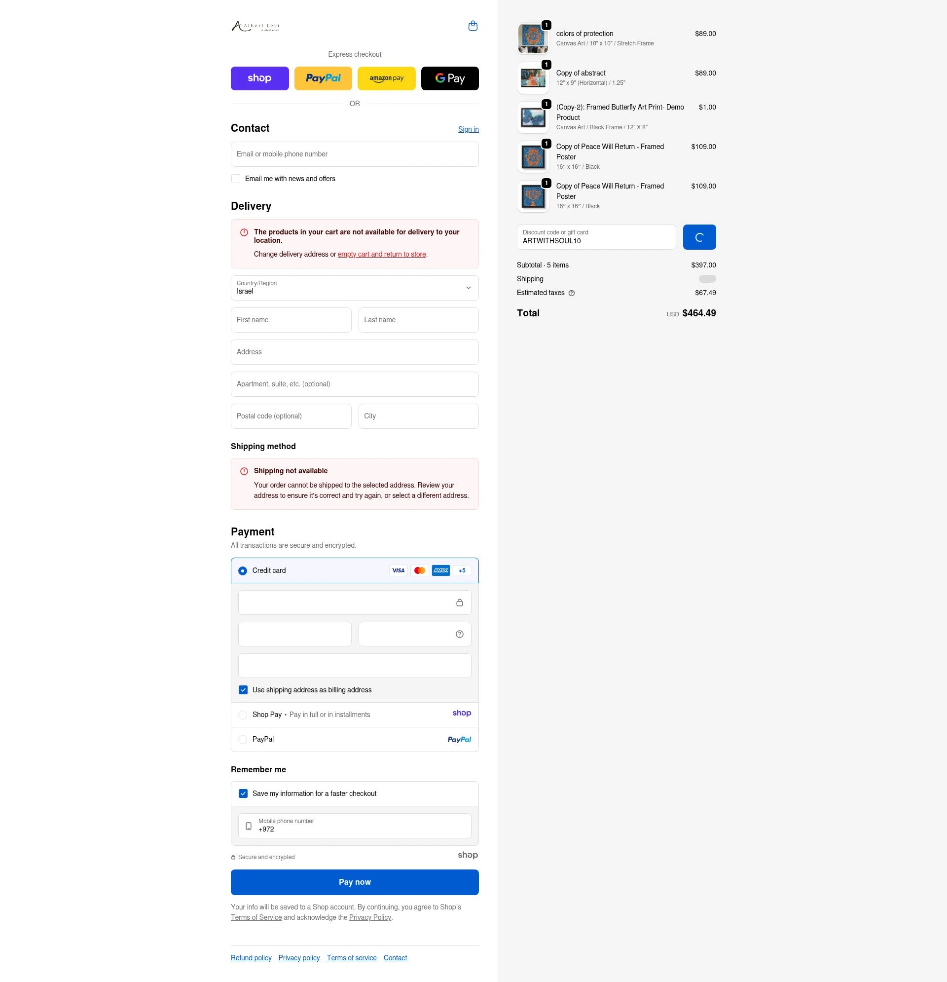 Albert Levi Art checkout page showing Albert Levi Art promo code box | Screenshot taken by SimplyCodes community member on Jan 5, 2026