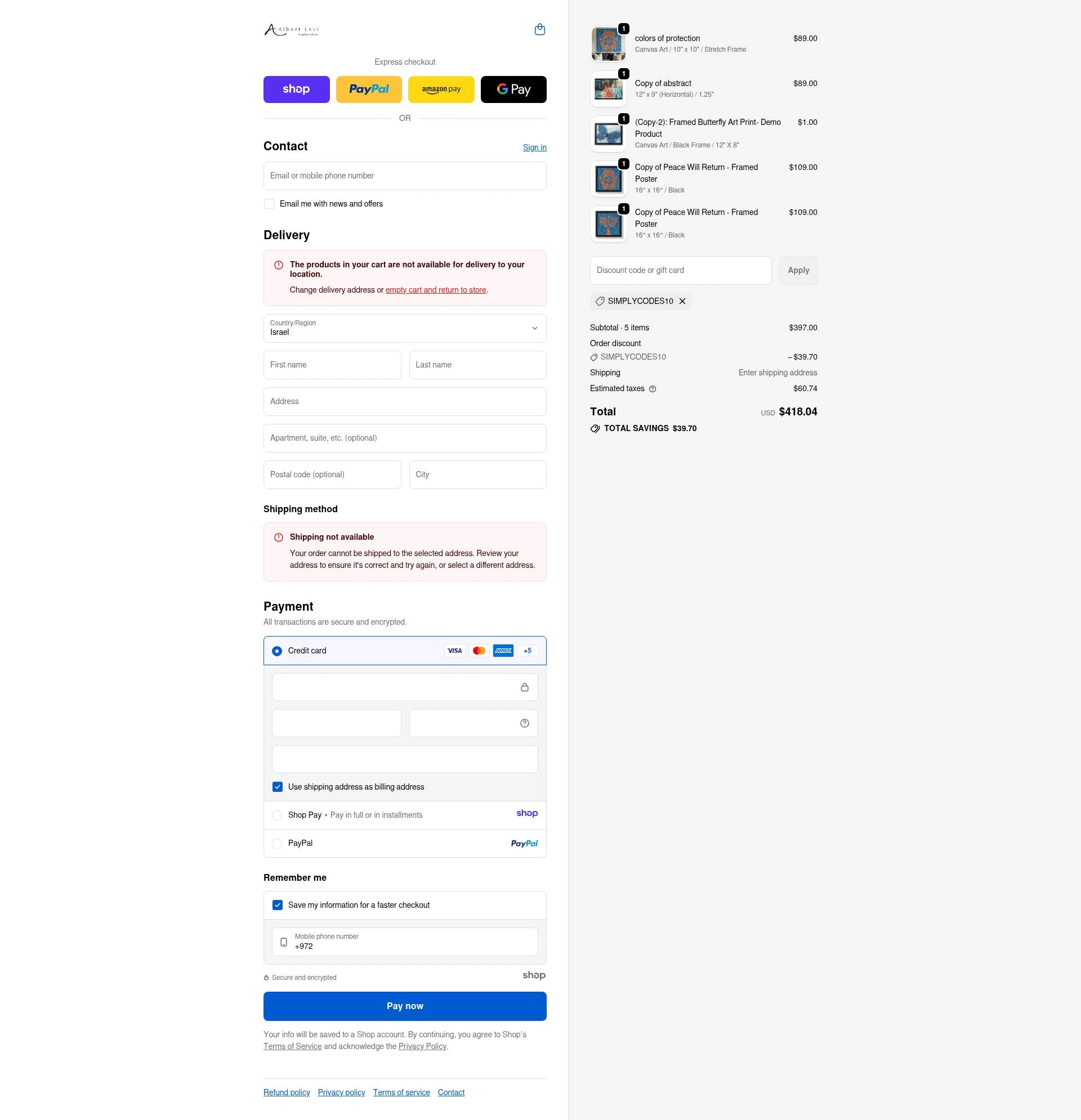 Albert Levi Art checkout page showing Albert Levi Art promo code box | Screenshot taken by SimplyCodes community member on Dec 31, 2025