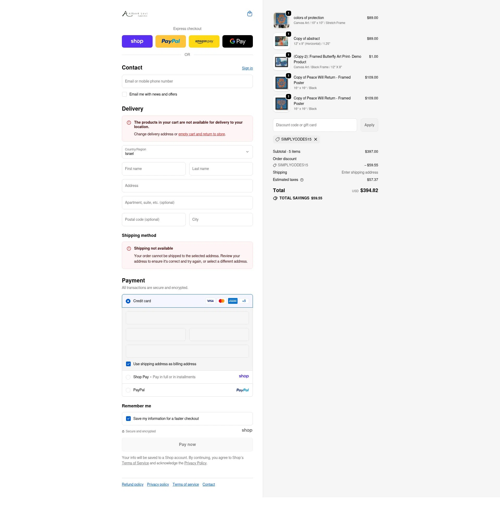Albert Levi Art checkout page showing Albert Levi Art promo code box | Screenshot taken by SimplyCodes community member on Dec 26, 2025