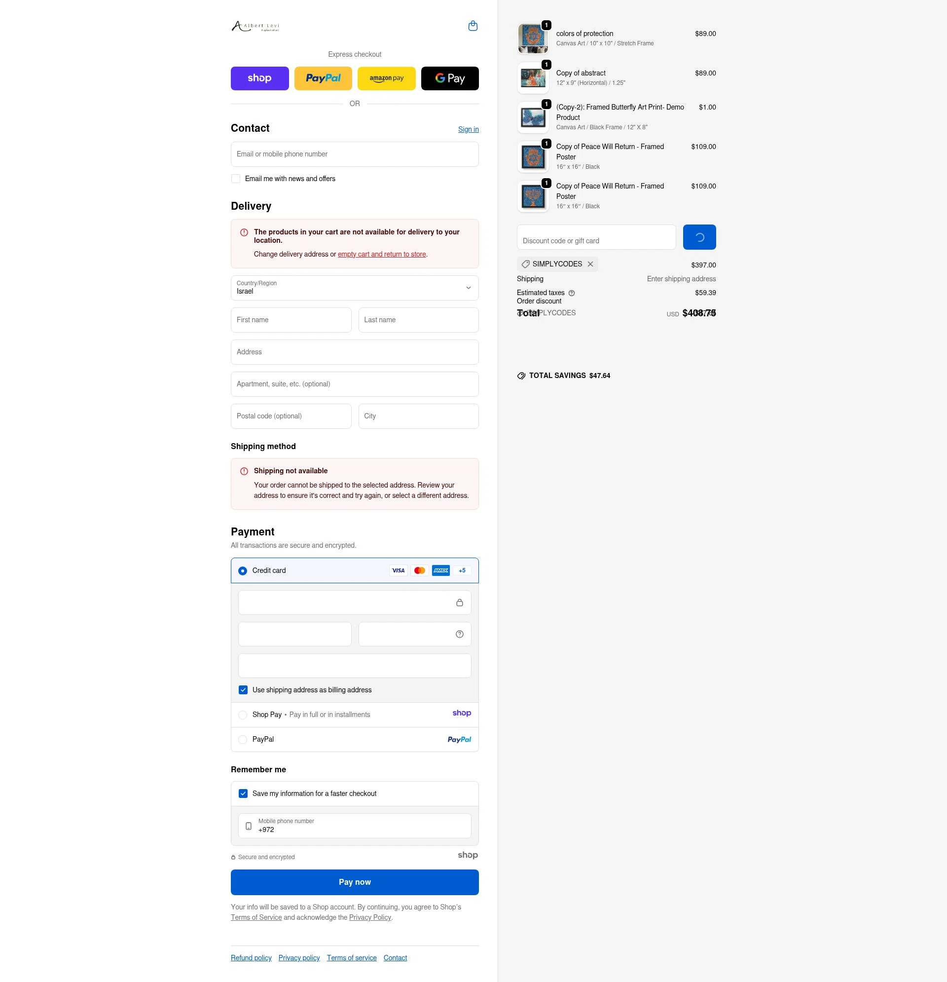 Albert Levi Art checkout page showing Albert Levi Art promo code box | Screenshot taken by SimplyCodes community member on Jan 5, 2026