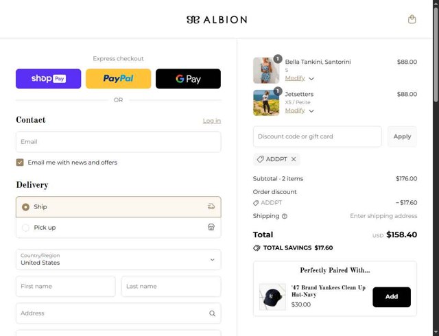 Albion Fit checkout page showing Albion Fit coupon code box | Screenshot taken by SimplyCodes community member on Aug 28, 2025