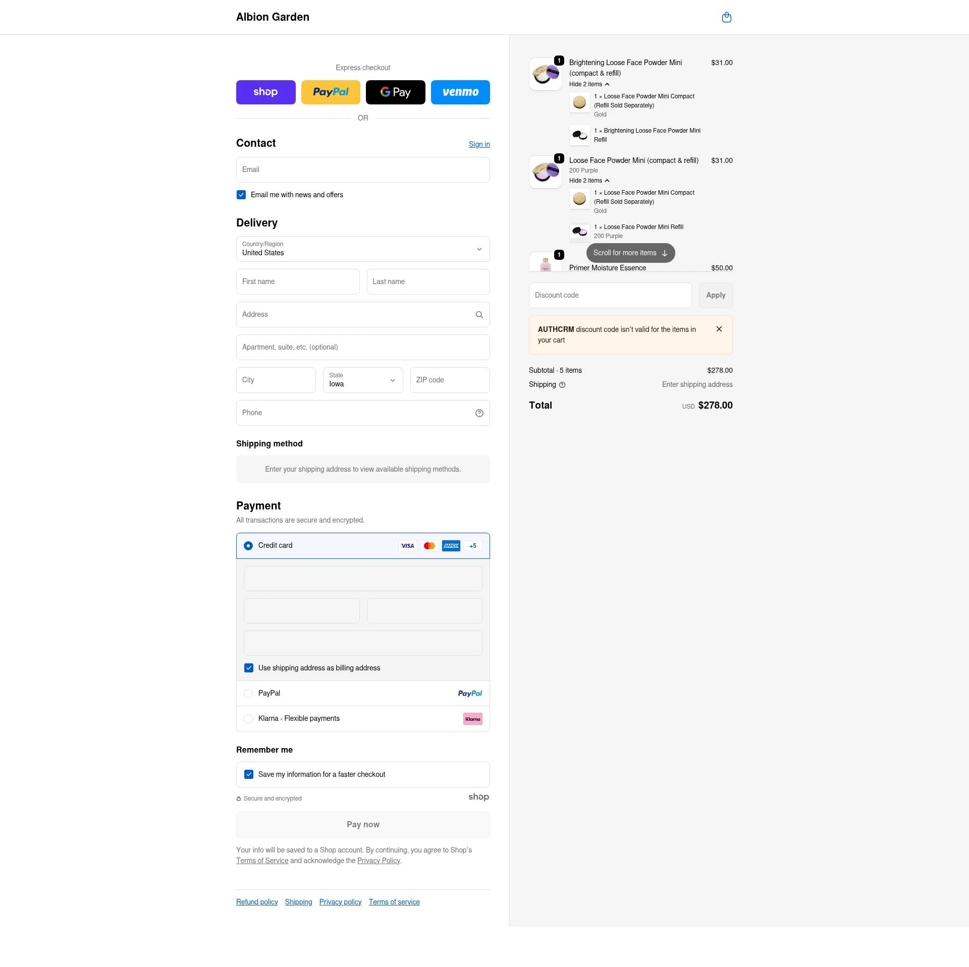 ALBION GARDEN checkout page showing ALBION GARDEN discount code box | Screenshot taken by SimplyCodes community member on Dec 21, 2025