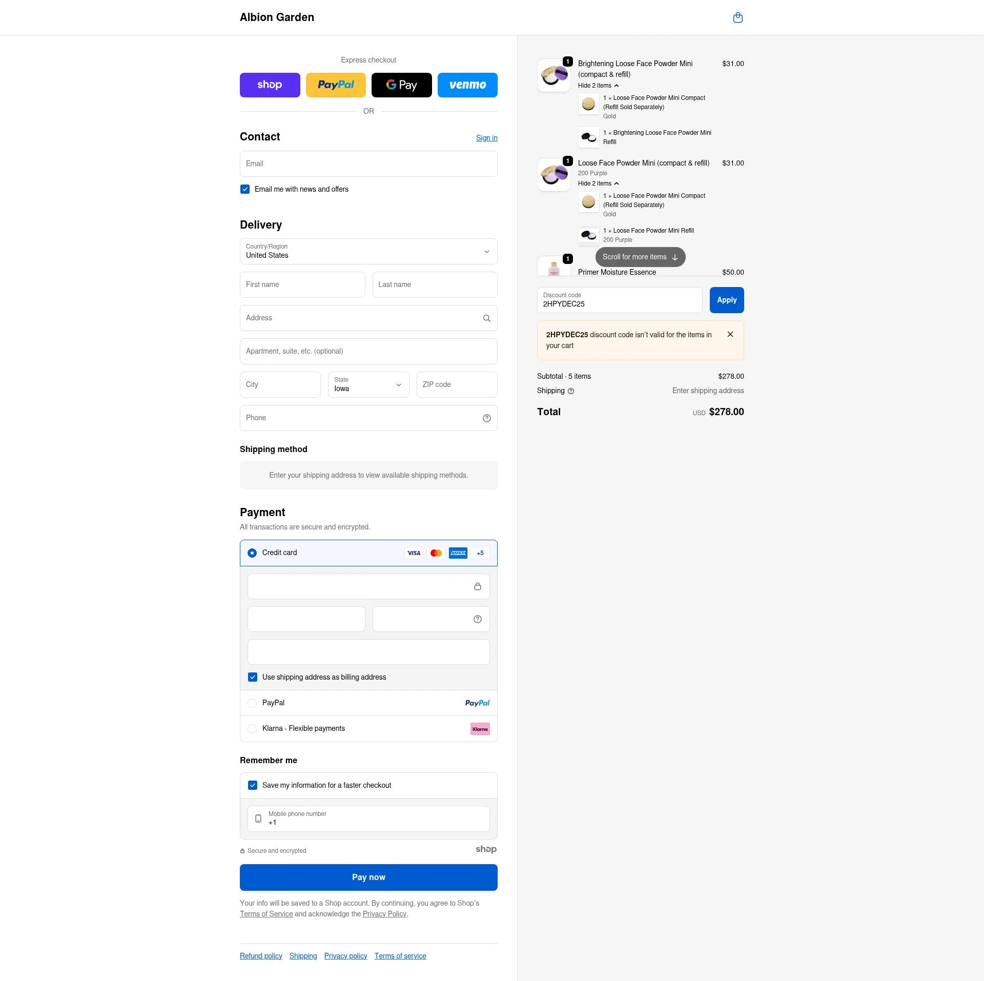 ALBION GARDEN checkout page showing ALBION GARDEN discount code box | Screenshot taken by SimplyCodes community member on Dec 14, 2025