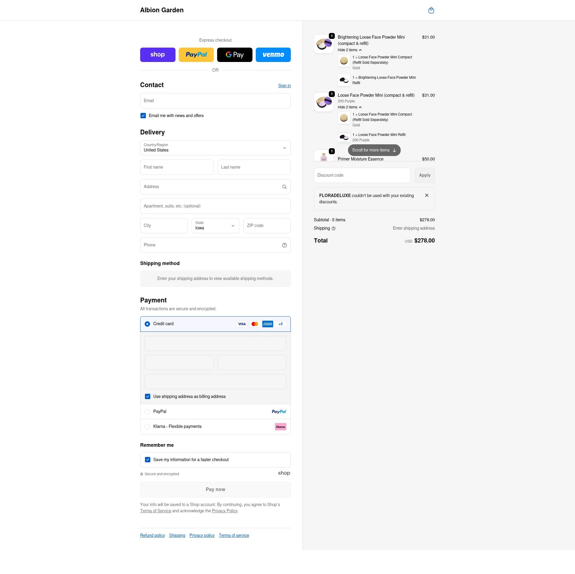 ALBION GARDEN checkout page showing ALBION GARDEN discount code box | Screenshot taken by SimplyCodes community member on Dec 21, 2025