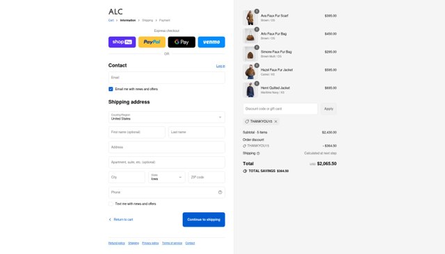 A.L.C. checkout page showing A.L.C. promo code box | Screenshot taken by SimplyCodes community member on Aug 27, 2025