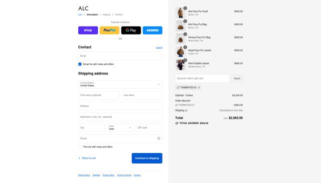 A.L.C. checkout page showing A.L.C. promo code box | Screenshot taken by SimplyCodes community member on Sep 7, 2025